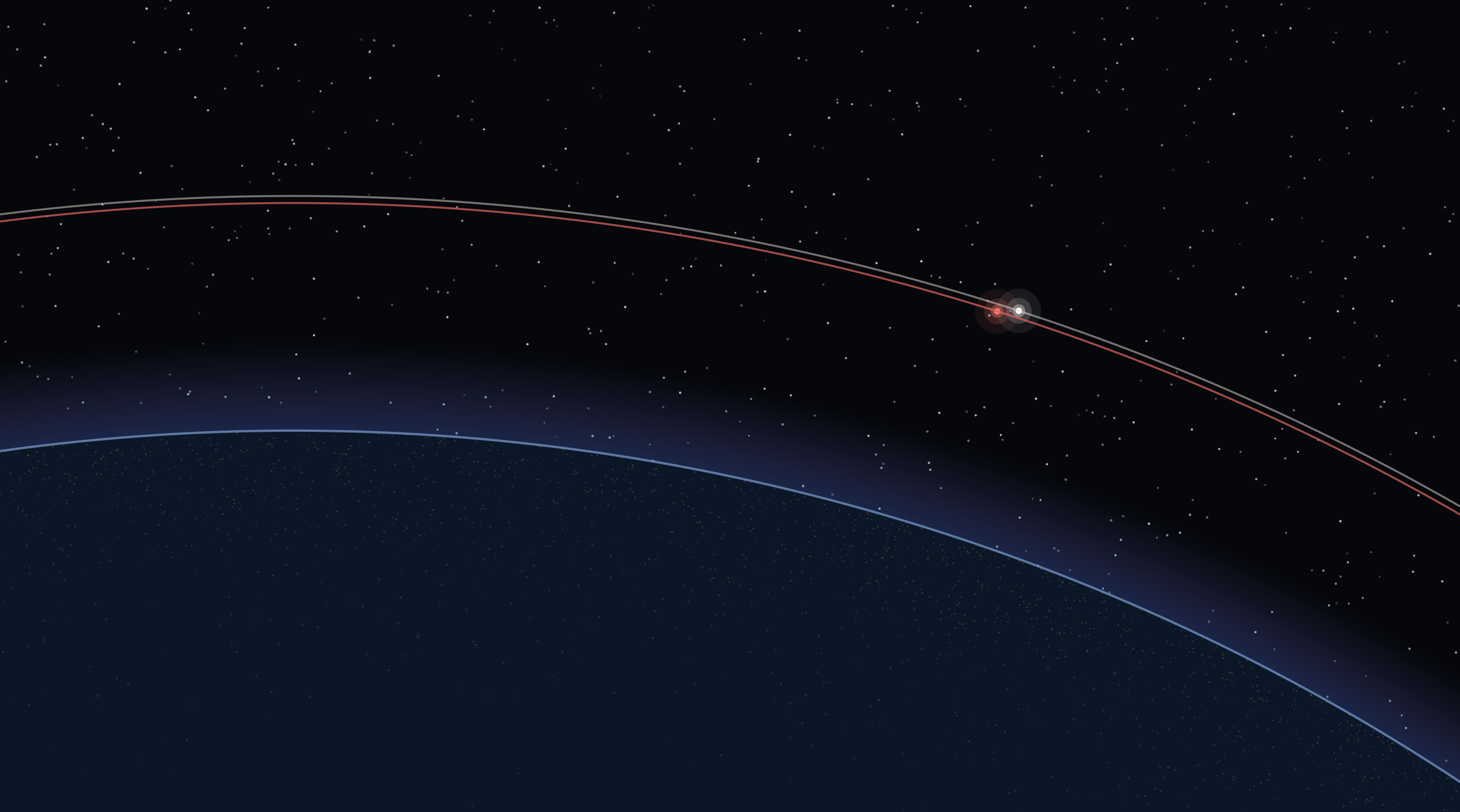 Two satellites on nearly identical orbits above the night side of Earth
