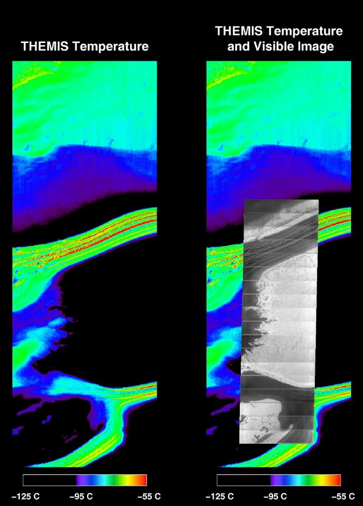 Simultaneous infrared and visible images taken byNASA Mars Odyssey show the Martian south polar cap in late summer. The black areas are at a temperature near -125 degrees Celsius -193 degrees Fahrenheit and correspond to solid carbon dioxide ice.
