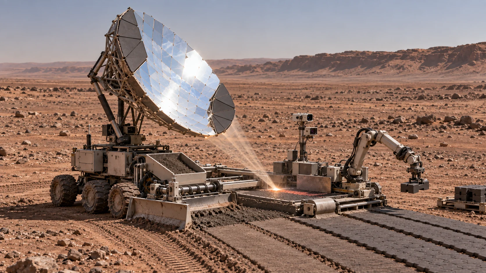 Concept render of a compact Mars materials cell with a faceted solar concentrator, grading blade, hopper, small hot processing spot and an arm lifting a paver.